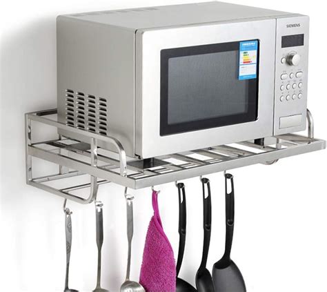 Zpem Kitchen Stand Bracket Microwave Oven Wall Mount Shelf With 6 Hooks