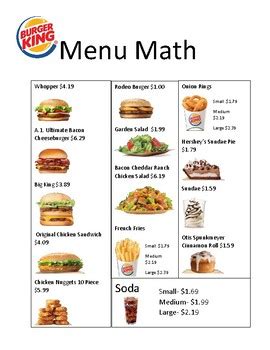 Printable elementary math worksheets, tests, and activities. Burger King Menu Math by Lifeskills Connections With Mrs ...