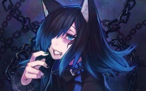 anime anime girls cat ears blue hair black hair blue eyes blue nails chains choker wallpaper