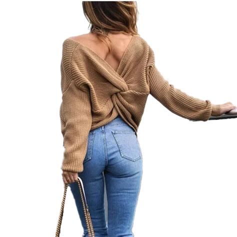sexy backless pullover sweater 2017 twisted back sweater women jumpers pullovers femme knitted