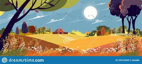 Vector Autumn Landscape In Countryside With Harvest Field And Framhouse