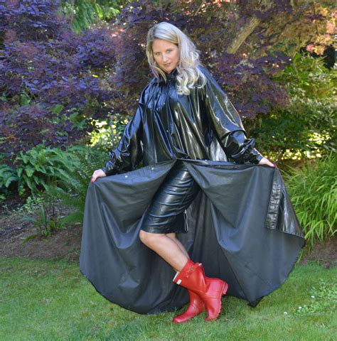 Fully Protected In Her Rubber Mackintosh Black Raincoat Hooded Raincoat Raincoats For Women