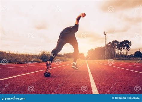 Sunset And Young Man Running On Lane Success And Goal Of Business