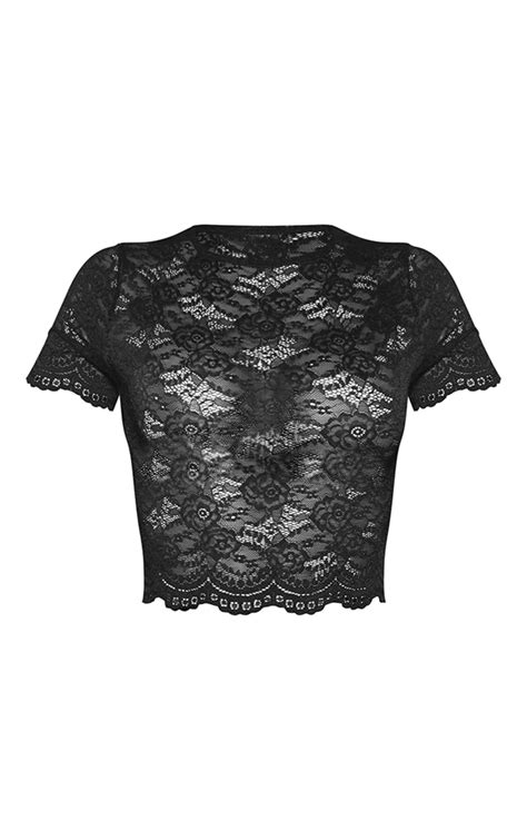 Black Lace Short Sleeve Crop Top Prettylittlething Ksa