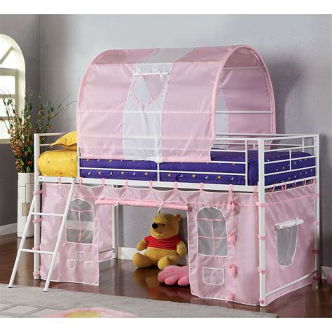 A crown canopy is distinguished by a single, top anchor, often shaped like a crown, mounted above or close to the head of the bed. Kimmie Collection Twin Loft Bed with Pink Tent - Bunk Beds ...