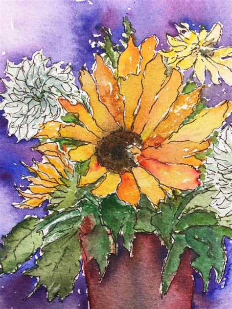 Floral Still Life Painting Pen And Ink Art Floral Watercolor Etsy