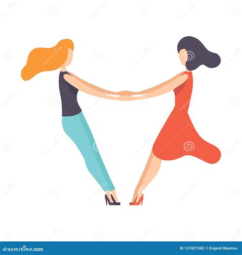 Two Beautiful Women Friends Holding Hands Happy Meeting Female