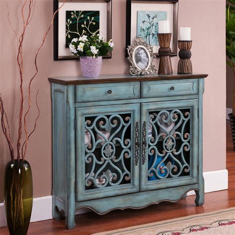 Luxury Farmhouse Distressed Blue 2 3 Door Accent Cabinet With Drawers