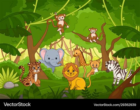 Assorted Cute Cartoon Animals In A Jungle Vector Image