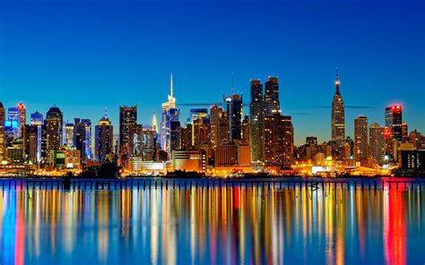壁纸 都市风景 反射 天际线 摩天大楼 晚间 纽约市 地平线 全景 美国 黄昏 都会 市中心 地标 大都市区