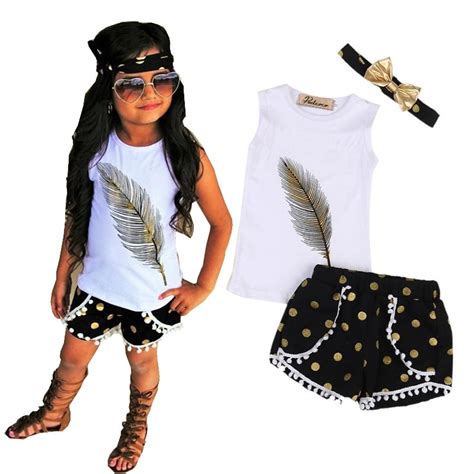 3 Pcs Little Girls Summer Feather Clothing Set Kids Girl