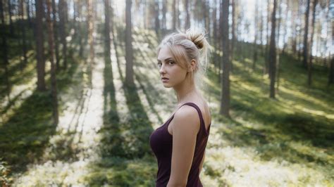 Wallpaper Sunlight Forest Women Outdoors Blonde Looking At Viewer