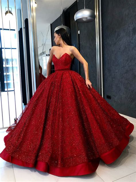 Chic Ball Gowns Red Prom Dresses Sparkly Long Party Prom Dress Evening