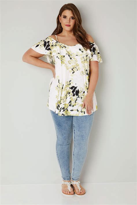 White And Yellow Floral Print Frill Cold Shoulder Top Plus Size 16 To 36