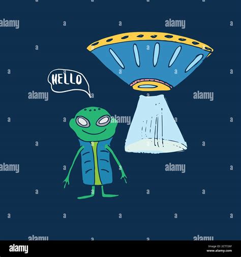 Cute Alien And Ufo Cartoon Hand Drawn Aliens Spaceship Doodle T Shirt