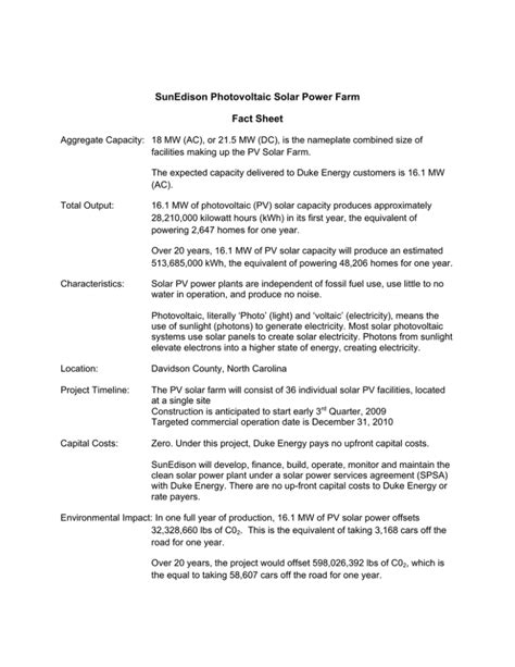 Sunedison Photovoltaic Solar Power Farm Fact Sheet