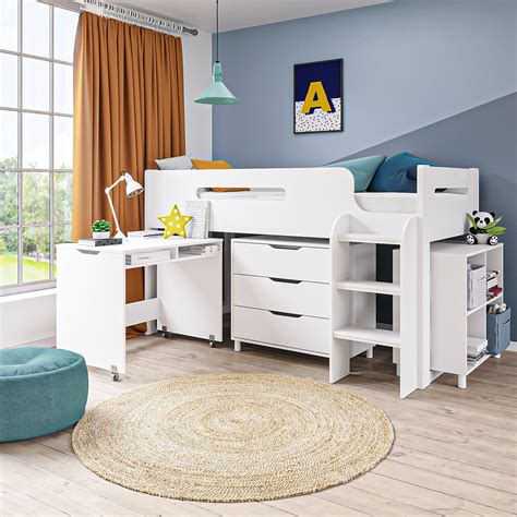 White Mid Sleeper Cabin Bed With Storage And Desk Dynamo Furniture123