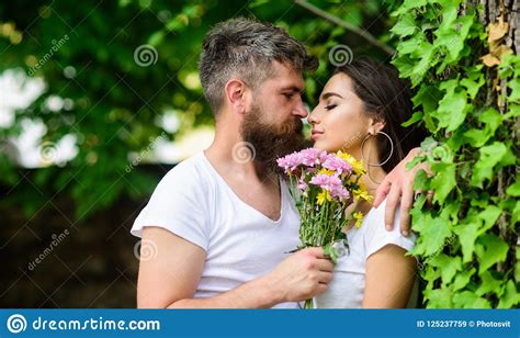 Gentle Kiss Man Bearded Hipster Hugs Gorgeous Girlfriend Pleasant