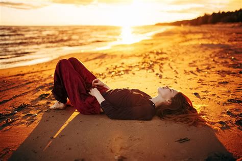Wallpaper Temple Sunlight Women Outdoors Redhead Model Sunset Sea Long Hair Closed