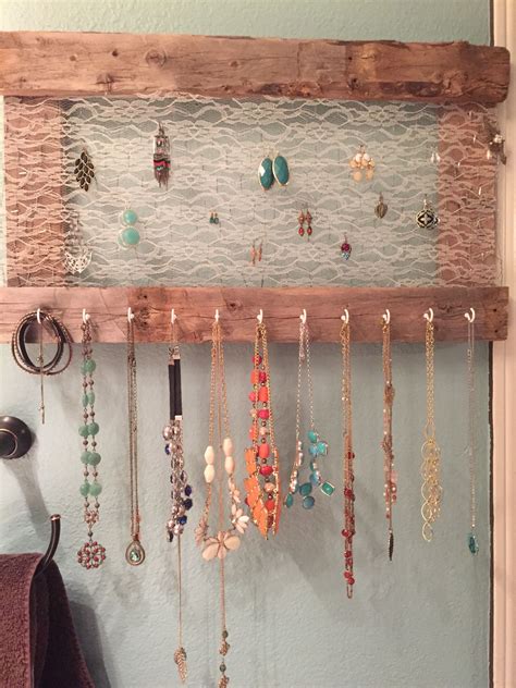Rustic Jewelry Holder Made From Pallet Boards Lace And Chicken Wire