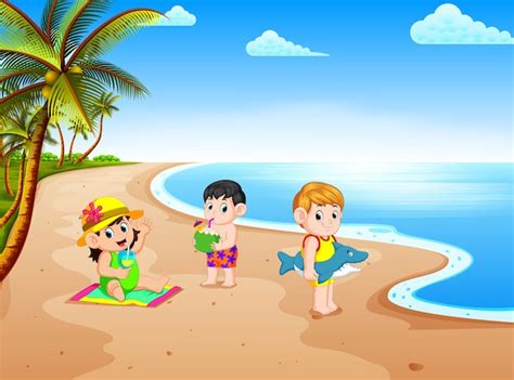 Vista De La Playa Con Los Niños Jugando Y Hacer Algunas Actividades En