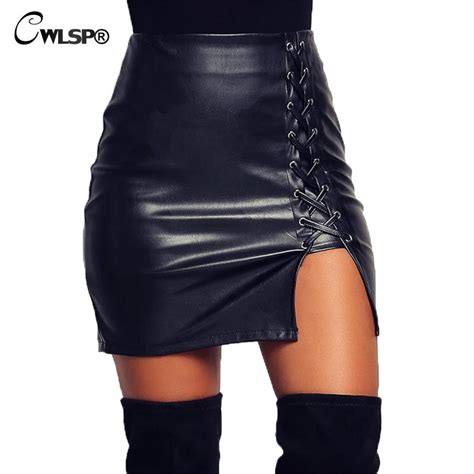 Cwlsp Black Lace Up Pu Leather Skirts 2019 Spring Summer Womens Side