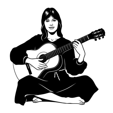 Silhouette Of A Sitting Hippie Girl Playing On Acoustic Guitar Black