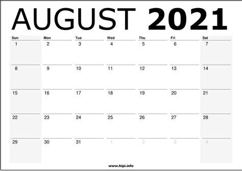 August 2021 Calendar Printable Monthly Calendar Free Download Hipi