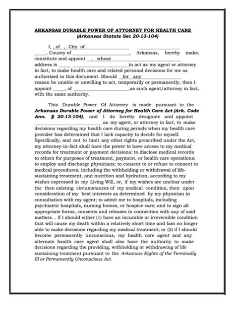 Free Printable Durable Power Of Attorney Form Arkansas Printable