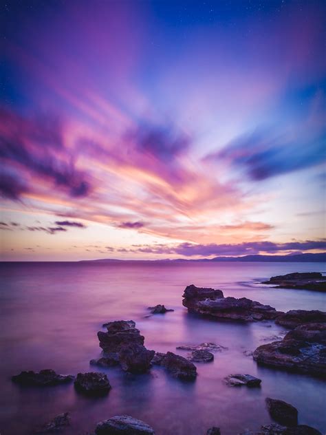 Seascape Wallpaper 4k Sunset Horizon Purple Ocean Rock Formations