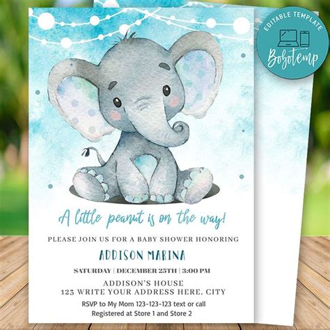 Printable Little Peanut Elephant Baby Shower Invitation Diy