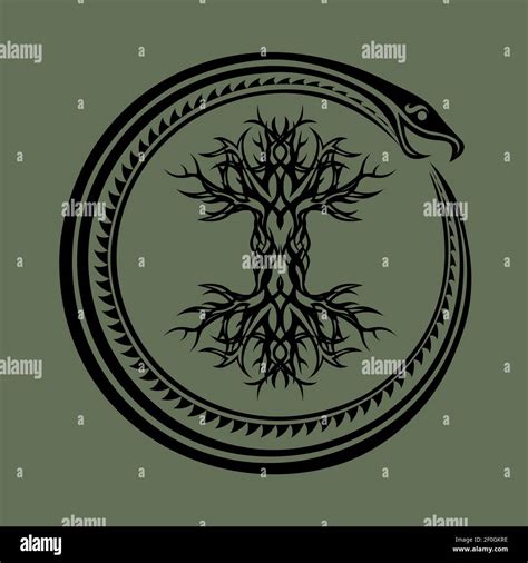 Tribal Ouroboros Serpent Curled Up Around Yggdrasil Viking Tree Of