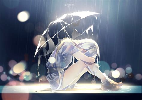 Wallpaper Sad Rain Crying Umbrella Anime Girls White Hair