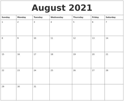 August 2021 Blank Calendar Printable