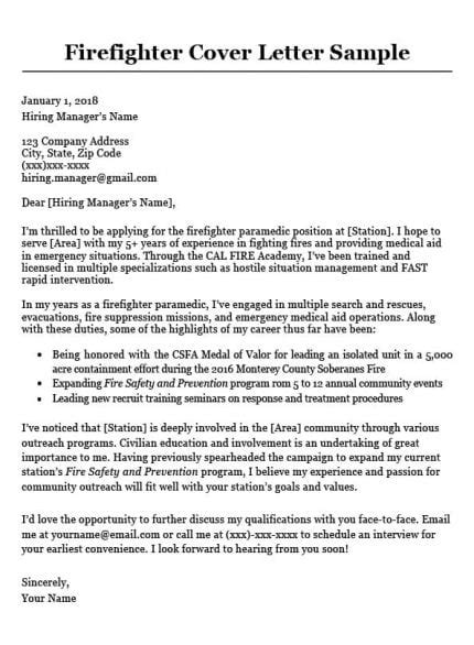 That is why you can write it with a creative approach and fit it to your goals. Firefighter Cover Letter Sample & Writing Tips | Resume ...