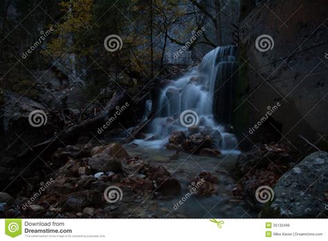 Dark Magical Cascading Waterfall In Autumn Stock Photo Image Of Leaf