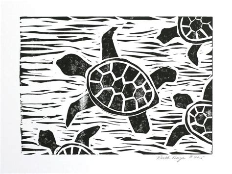 Sea Turtle Block Print X Black Original Linocut By Ruthsartwork