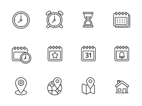 Set Of Time And Location Icons With Linear Style Isolated On White