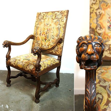 Antique victorian needlepoint chair walnut rose carvings pick up in nyc or pa. Antique Carved Lion Head Needlepoint Throne / Carved ...