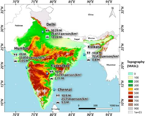 Topographic Map Of India Showing The Locations Population Density And