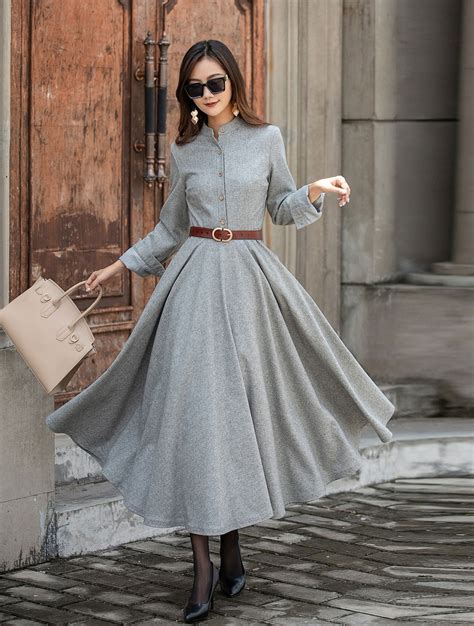 Long Sleeve Wool Dress Wool Shirt Dress Button Up Wool Etsy