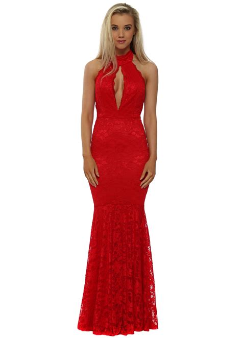 Goddess London Red Lace Backless Halterneck Maxi Dress