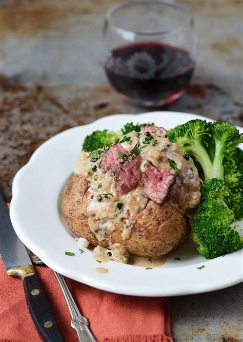 In a large baking dish layer meat potatoes, and onions. In our Steak au Poivre Baked Potatoes recipe, potatoes make an excellent base for pan seared ...