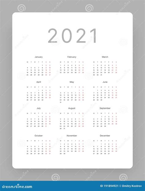 Calendar For 2021 Week Starts On Monday Vector Stock Vector