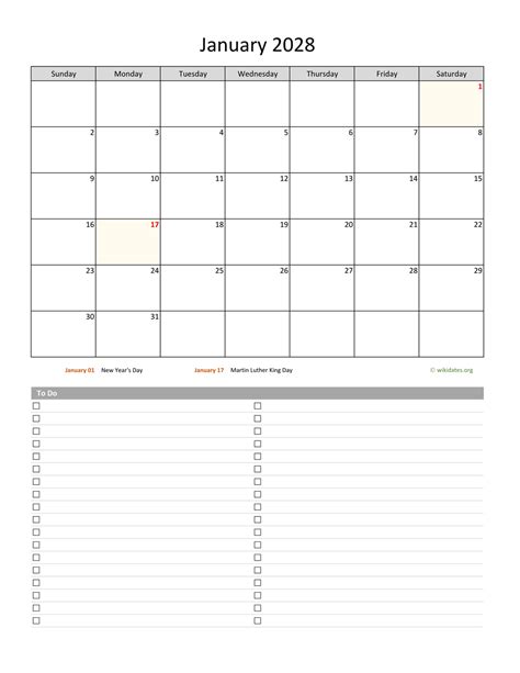 January 2028 Calendar With To Do List