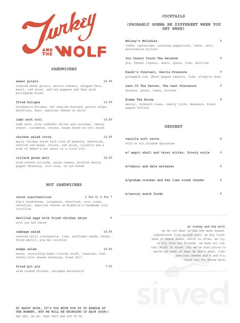 Turkey And The Wolf Menu In New Orleans Louisiana Usa