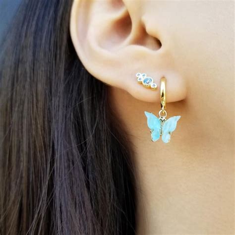 Butterfly Dangle Earrings Gold Drop Hoop Earrings Dainty Etsy Small