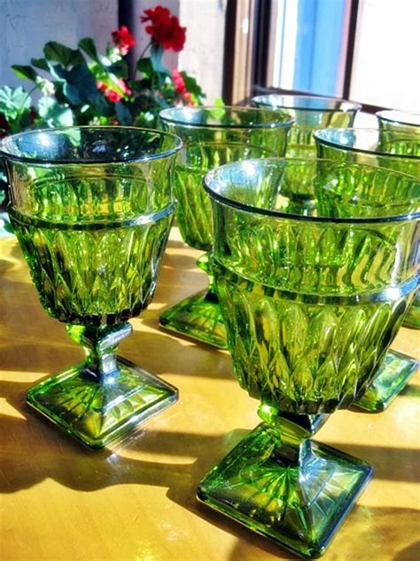 vintage green pressed glass goblets set of six glass ware by