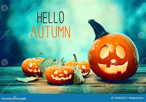 Hello Autumn With Pumpkins At Night Stock Image Image Of Season