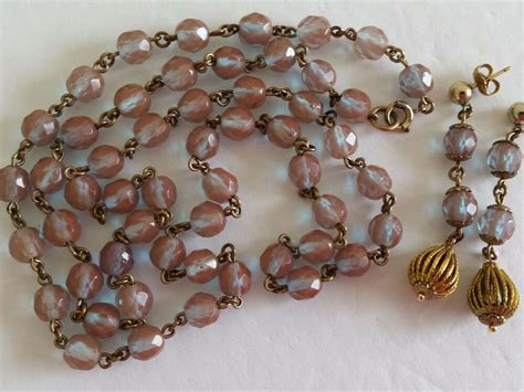 Antique Czech Rose Gold Filled Faceted Saphiret Glass Bead Necklace W Earrings